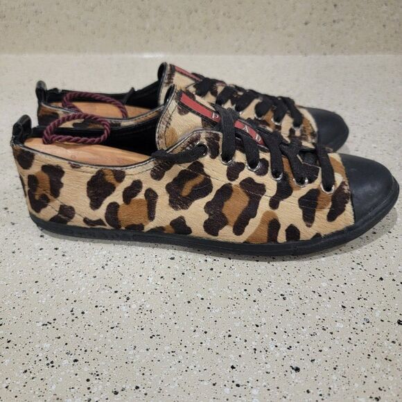 PRADA Linea Rosa Leopard Print Calf Hair Oxford Lace Up Flat 3E4739 39/8 - Picture 4 of 9